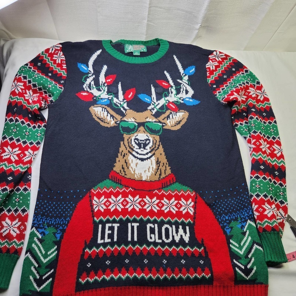 Ugly Christmas Sweater Let it Glow Reindeer Adult Size Large Holiday Knit Top